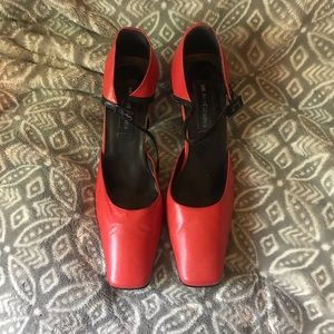 DETAILS, ITALIAN LEATHER RED SQUARE TOE HEELS, 7.5B